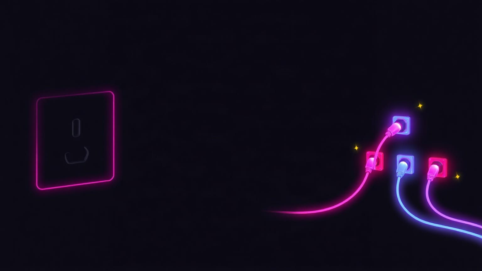 An empty neon socket on the left of a dark ground, and three glowing cables plugged into three small ports on the right